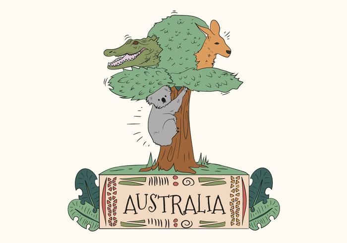 Animales salvajes lindos australianos en vector de árbol