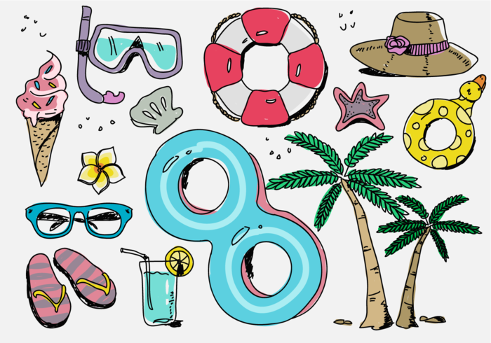 vacaciones de playa cosas dibujado a mano ilustración vectorial vector