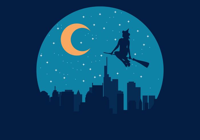 Bruja Befana volando sobre la ilustración de la ciudad vector