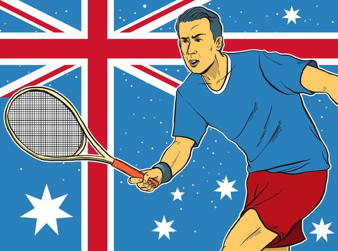 Atleta de tenis en frente de la ilustración de la bandera australiana vector