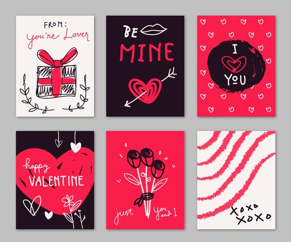 Tarjeta de San Valentín rojo y negro Colección de Doodle dibujado a mano vector