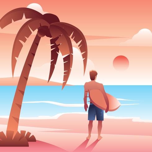 Palmier Surfer Sunset Beach Vector Gratis