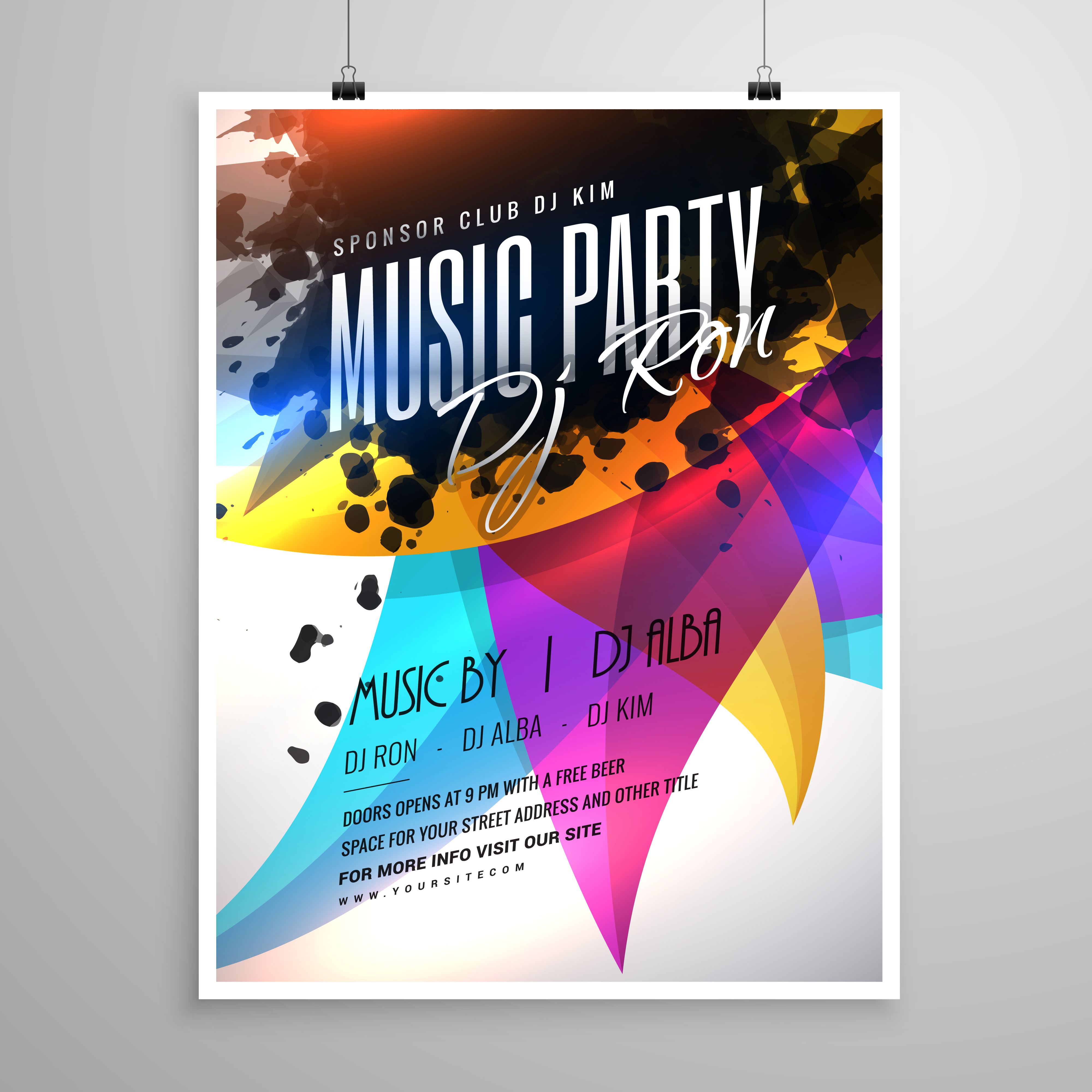 music party flyer template design with colorful abstract shapes