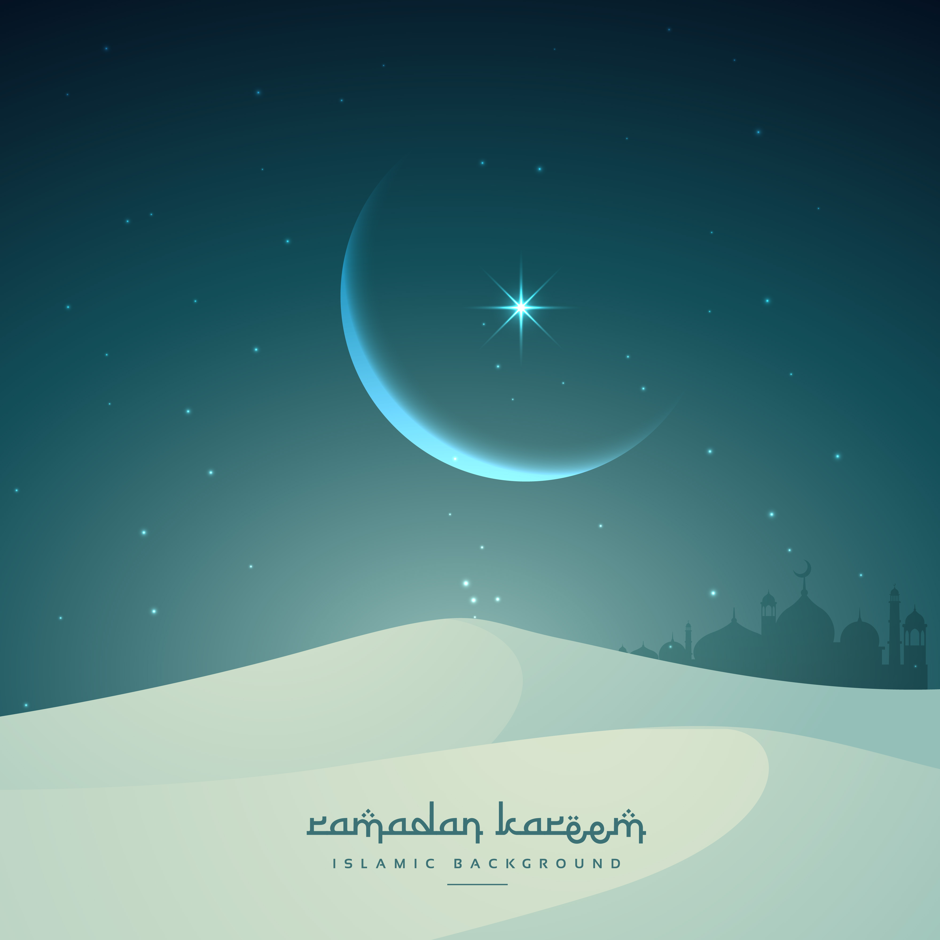 Ramadan kareem islamic festival with moon and sand dunes 