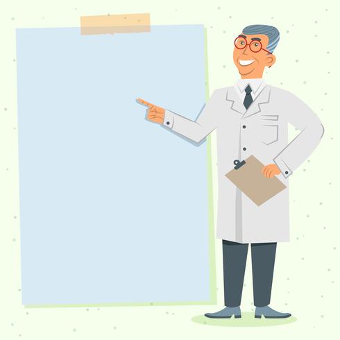 Hombre doctor en uniforme blanco con un tablero en blanco para su ilustración de texto vector