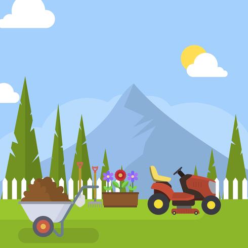 Flat Garden and Lawn Mower Vector Illustration