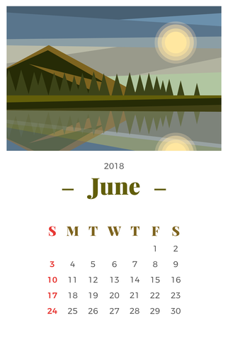 June 2018 Landscape Monthly Calendar vector