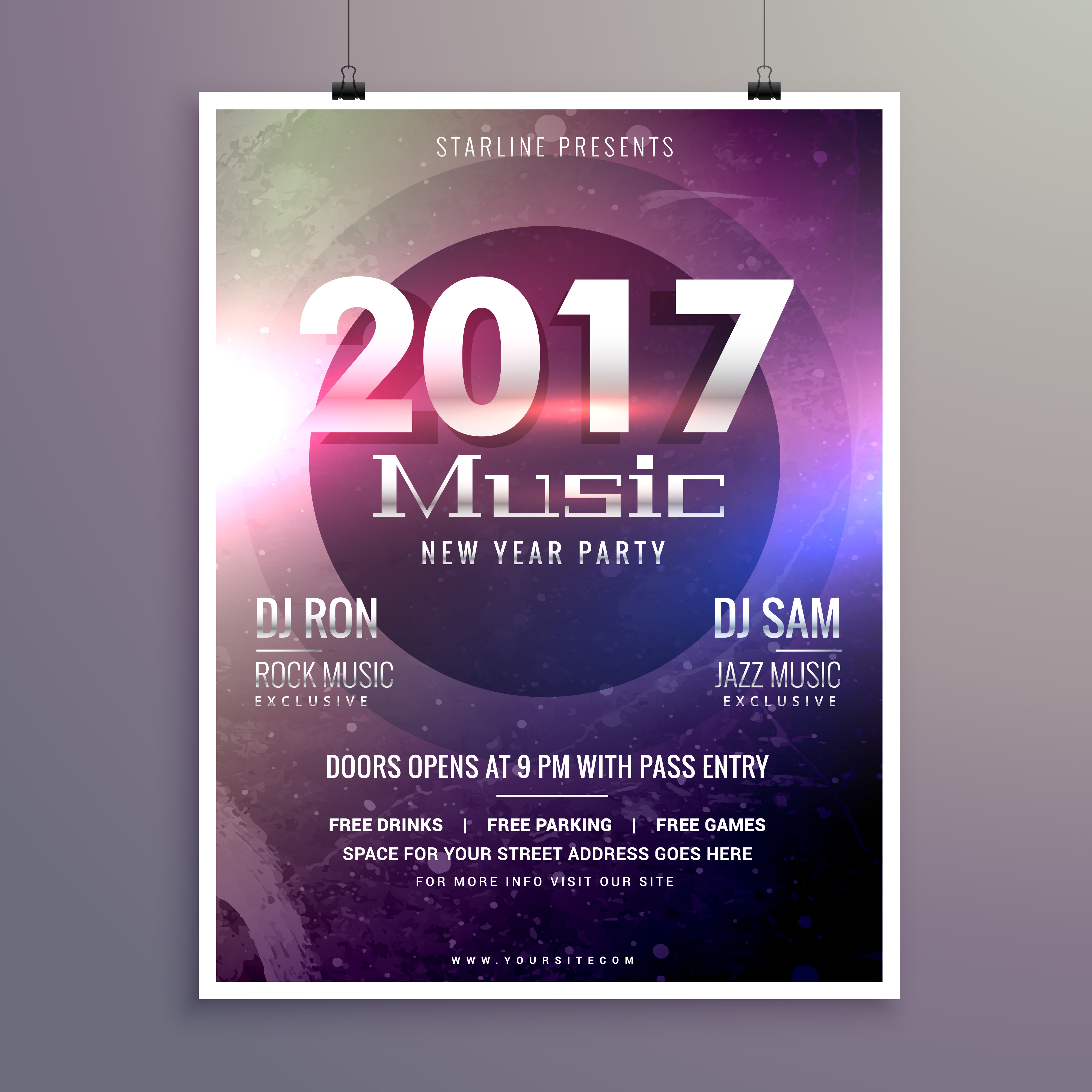 2017 Music Party Flyer Template With Colorful Lights On A Textur 