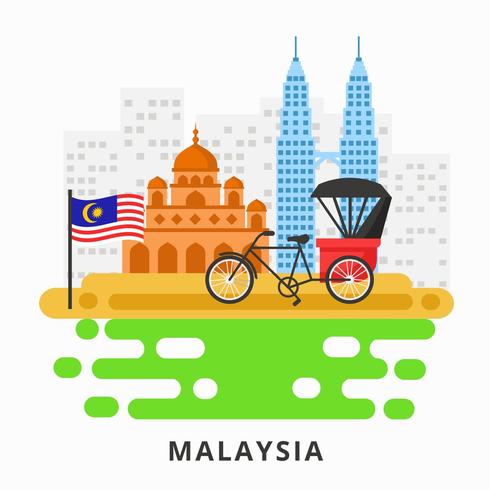Malasia con torre gemela, mezquita y vector Trishaw