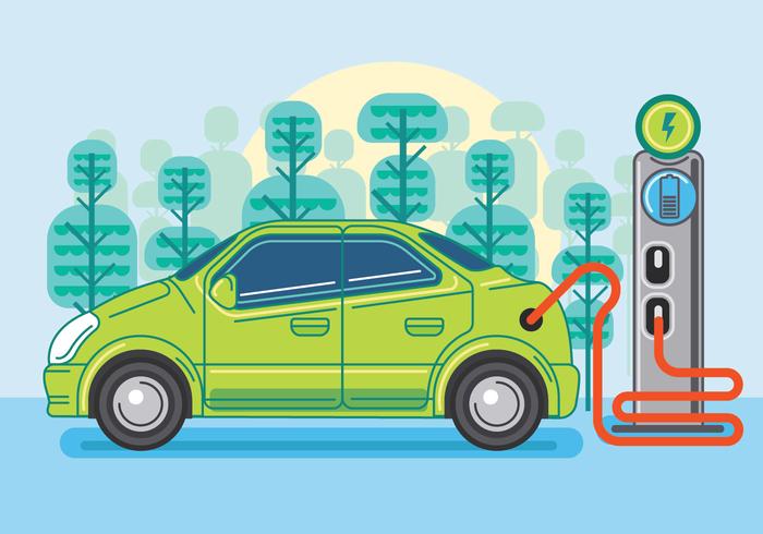 Electric Car Charging. Vector Flat Design Illustration