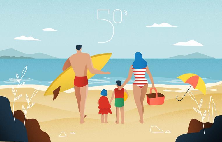 Vintage Family Picnic At Beach Vector Illustration