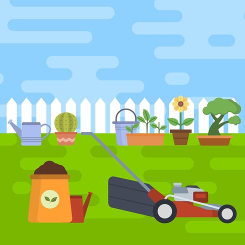 Flat Garden and Lawn Mower Vector Illustration