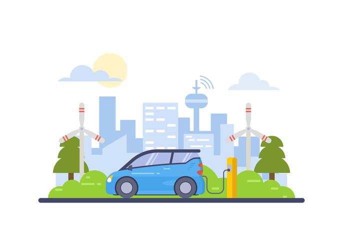 Ilustración de Smart City y coche eléctrico vector