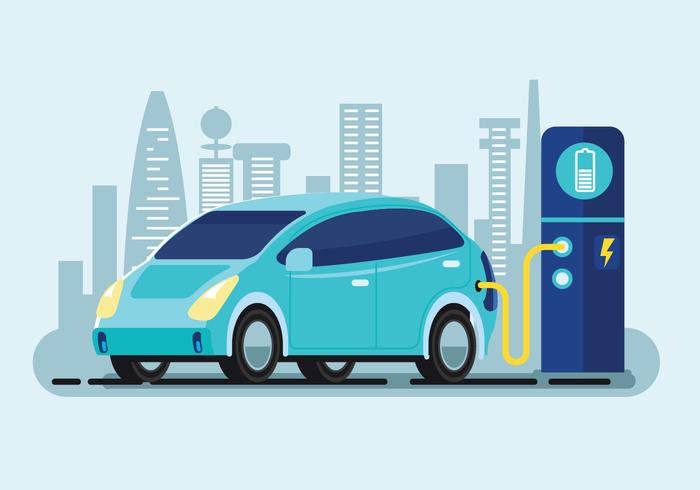 Flat Vector Illustration of a Blue Electric Car Charging at the Charger Station