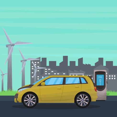 Electric Car With Industrial Background Vector Illustration