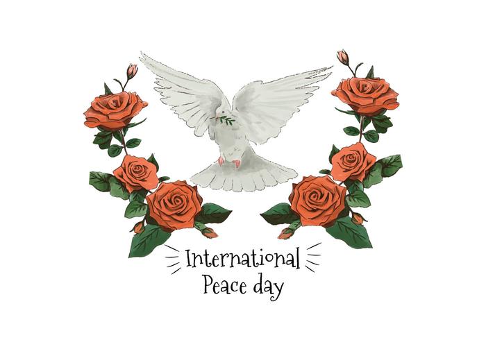 Watercolor White Pigeon And Red Roses To International Peace Day vector