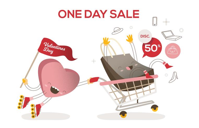 Valentines Day Sale Cart Funny Character Vector Illustration