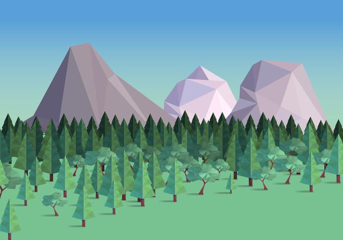 Bosque de Low Poly con ilustración de Vector de fondo de montaña