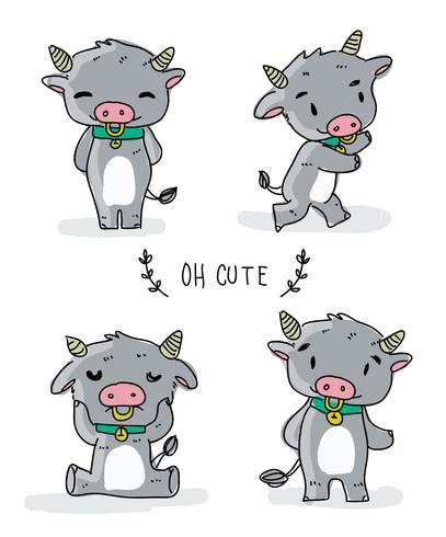 Cute Buffalo Character Doodle Vector Illustration