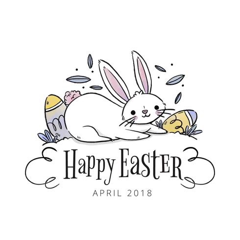 Cute Rabbit With Eggs And Leaves To Easter Day vector