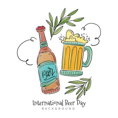 Beer Bottle, Beer Cup With Leaves And Ornaments vector