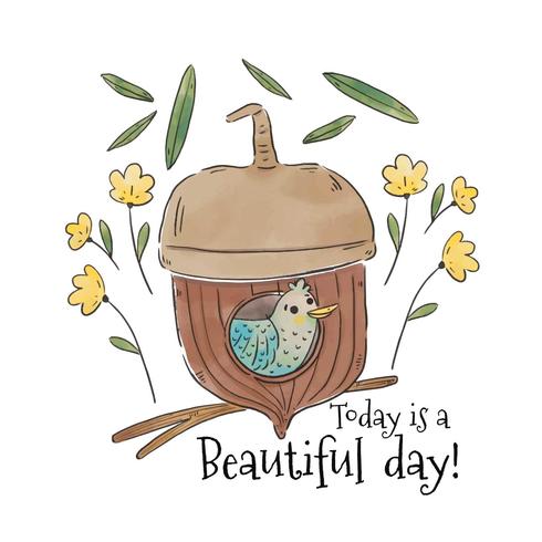 Cute Bird Inside Acorn With Leaves And Flowers Falling vector