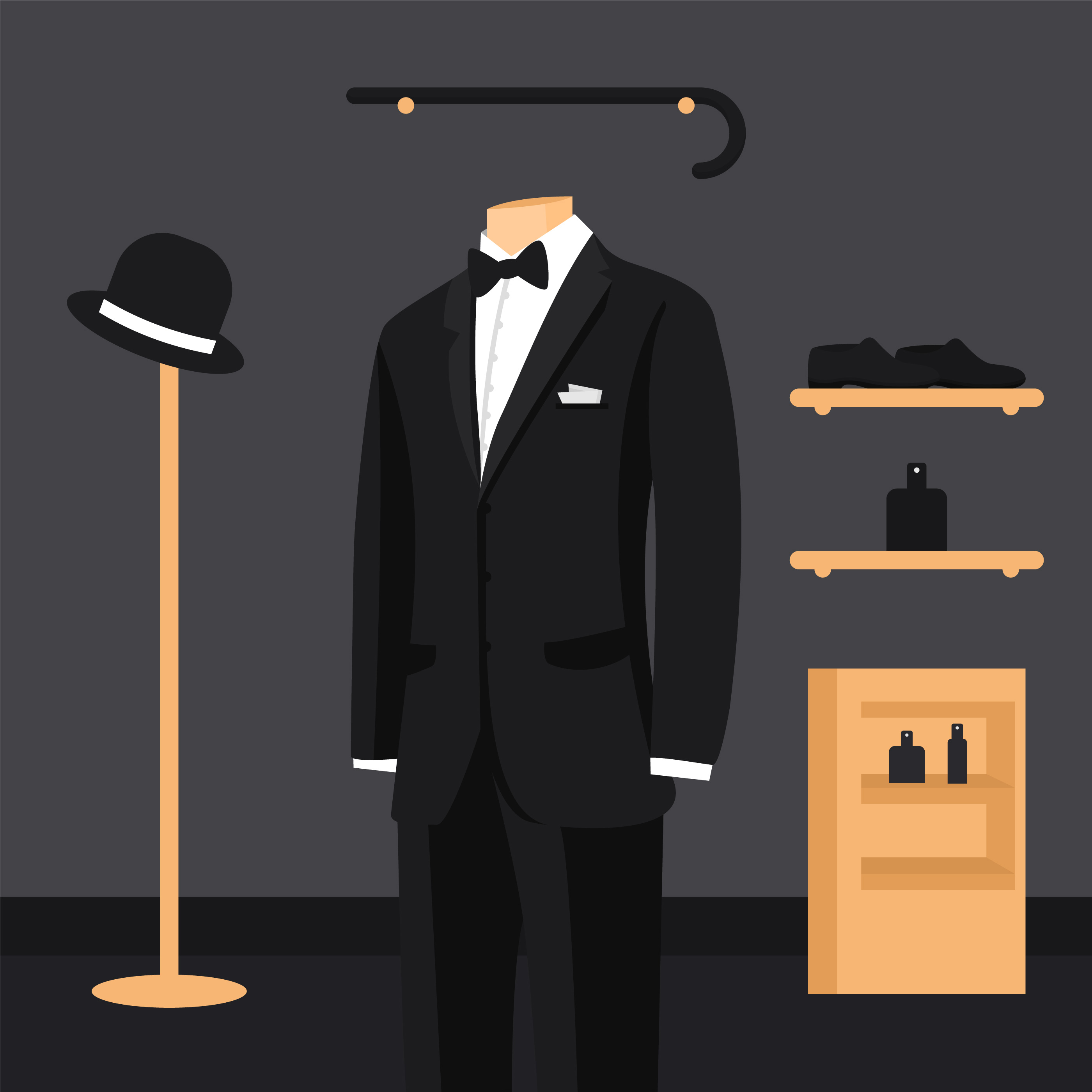 Black Suit And White Shirt With Butterfly And Tie On Mannequins 181744