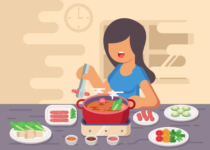 Young Lady Prepares Hotpot Illustration vector