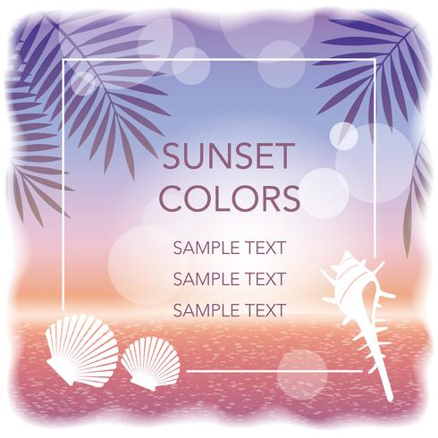 A vector sunset background/frame with palm leaves and shellfishes.