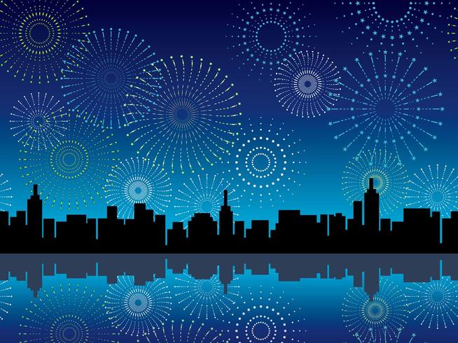 A seamless cityscape and fireworks, vector illustration.