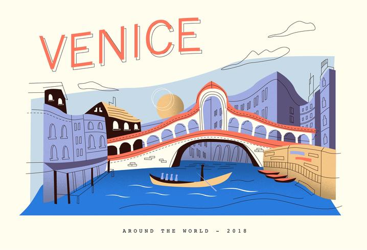 Postcard Venice Landscape Vector Flat Illustration