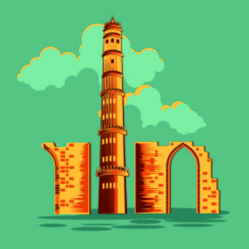 Vector illustration of Qutub Minar in Delhi with Vintage or Retro Style