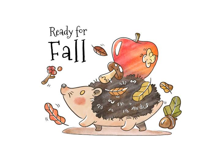 Cute Hedgehog Walking With Autumn Leaves, Mushroom And Red Apple vector