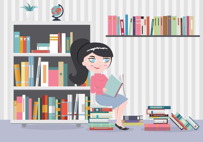 Chica Bookworm con muchos libros vector