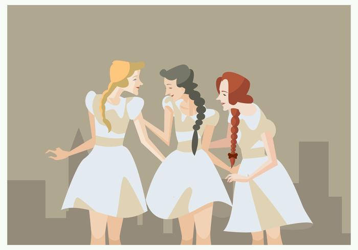 3 Vintage Girls With Plait Vector