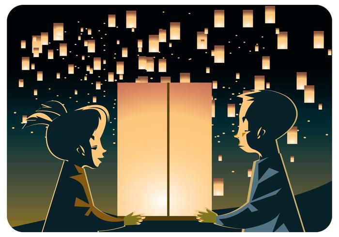 Kids Couple with Sky Lantern Vector