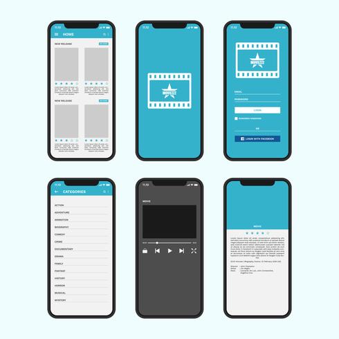 Online Movie Mobile Gui Screens de la aplicación vector