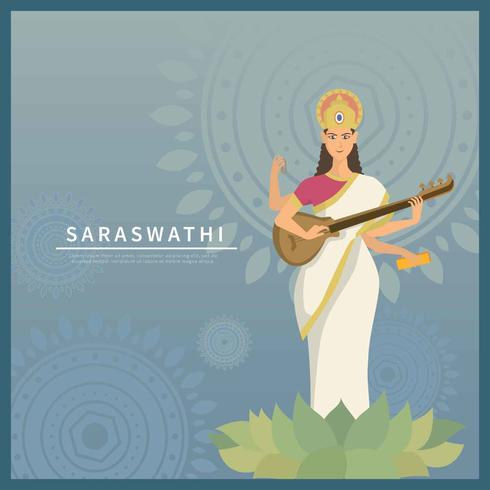 Diosa Saraswati con ilustración de fondo azul vector