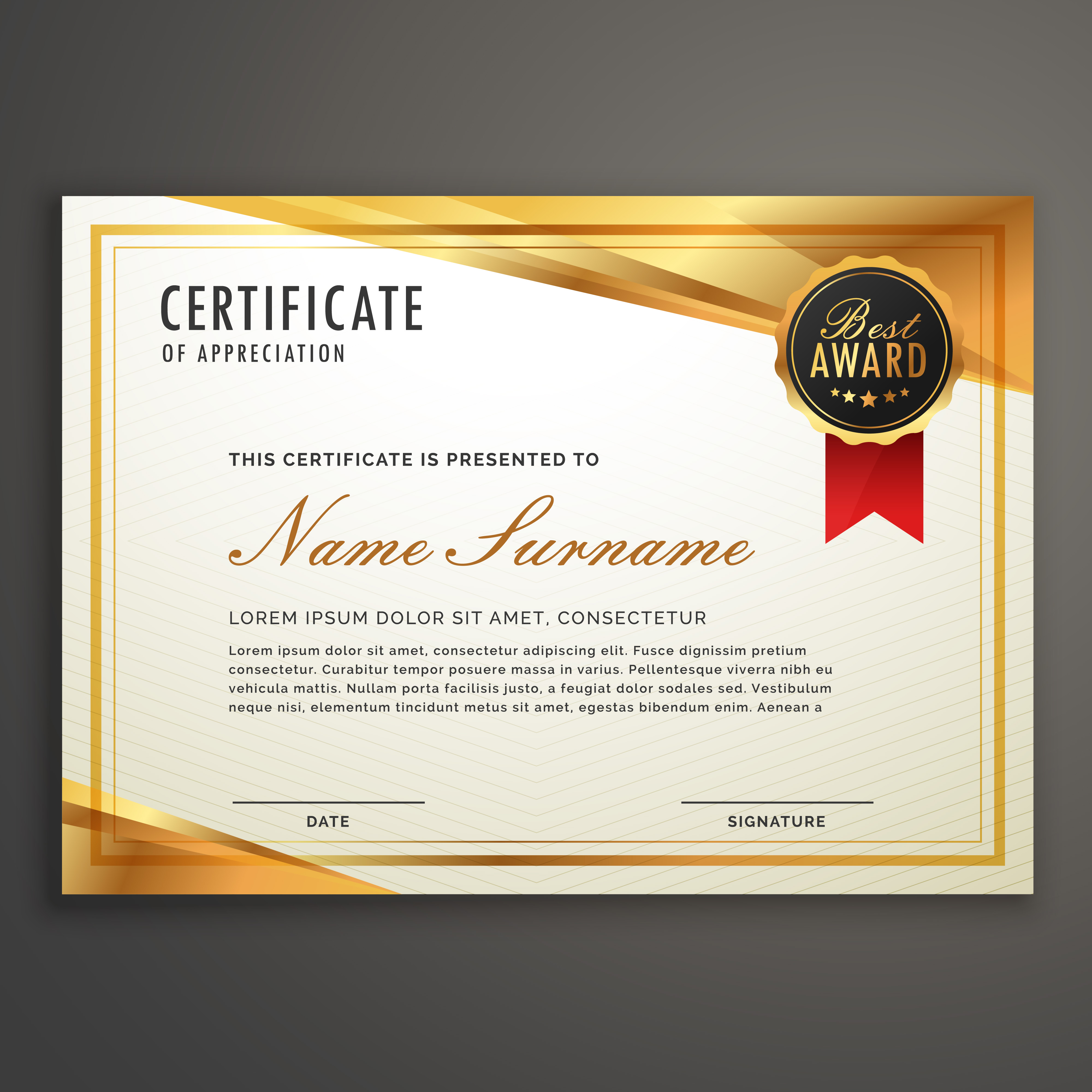 Golden Certificate Of Appreciation Free Vector Images And Photos Finder