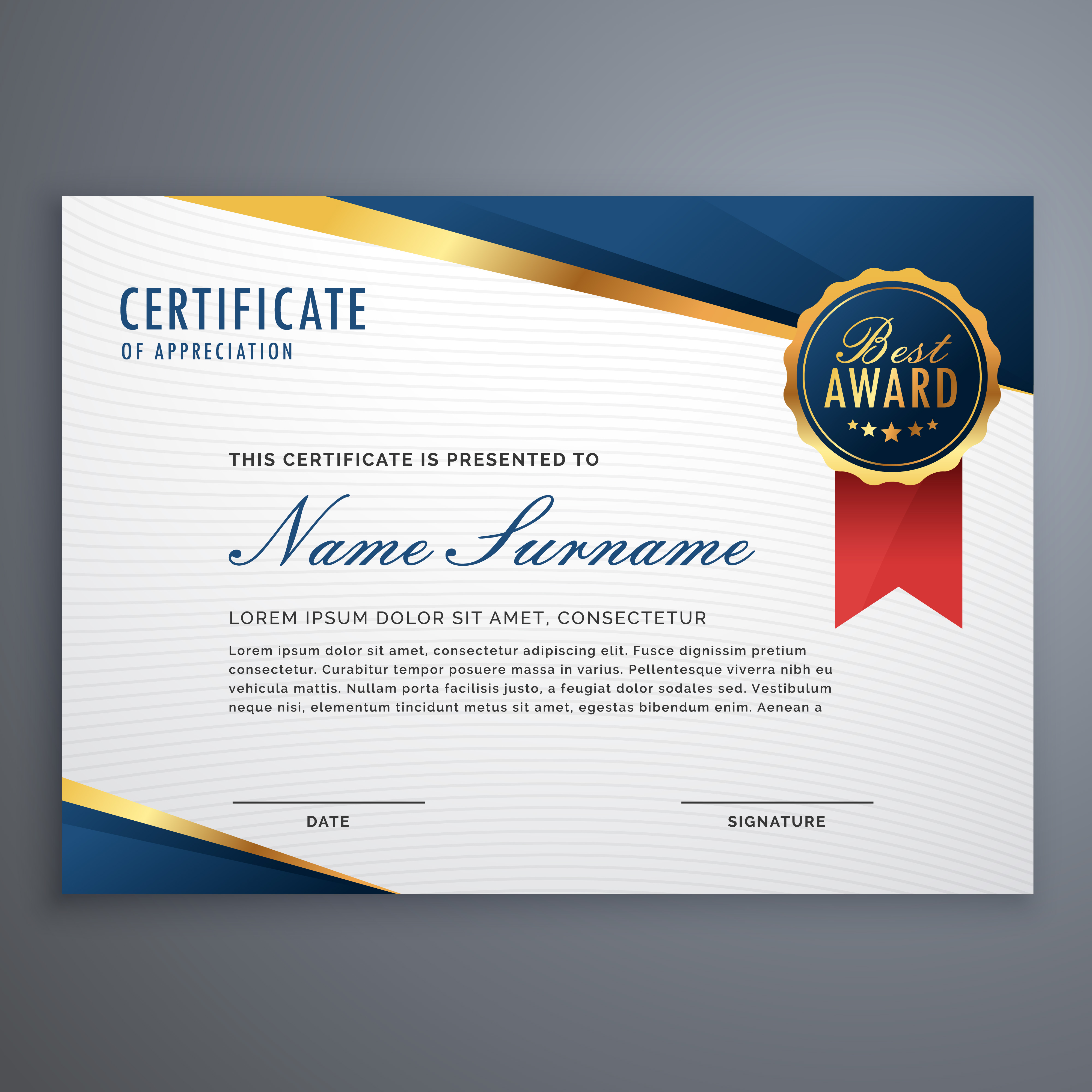 Creative Certificate Of Appreciation Award Template With Blue An 