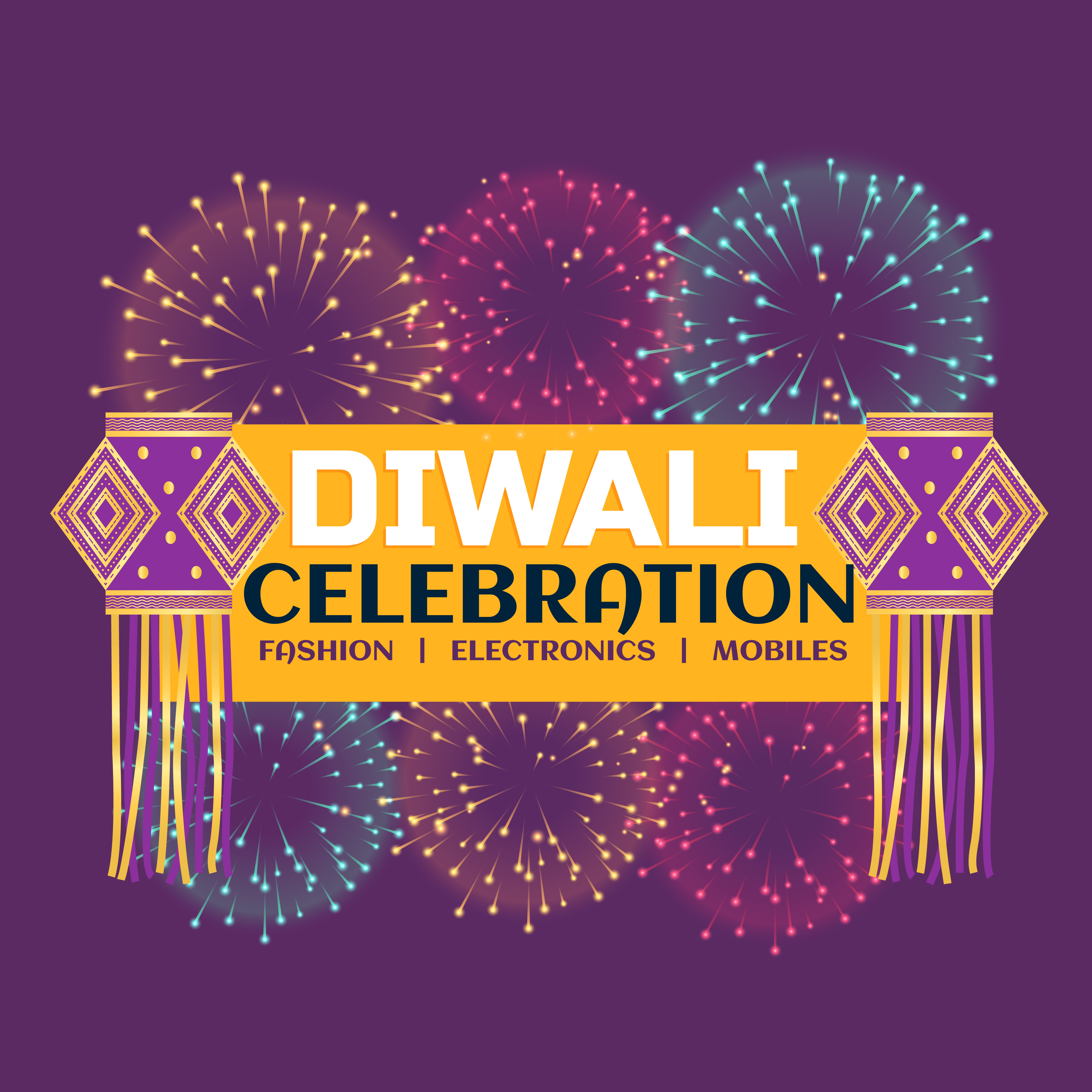 diwali festival celebration banner with fireworks and hanging la - Download Free Vector Art