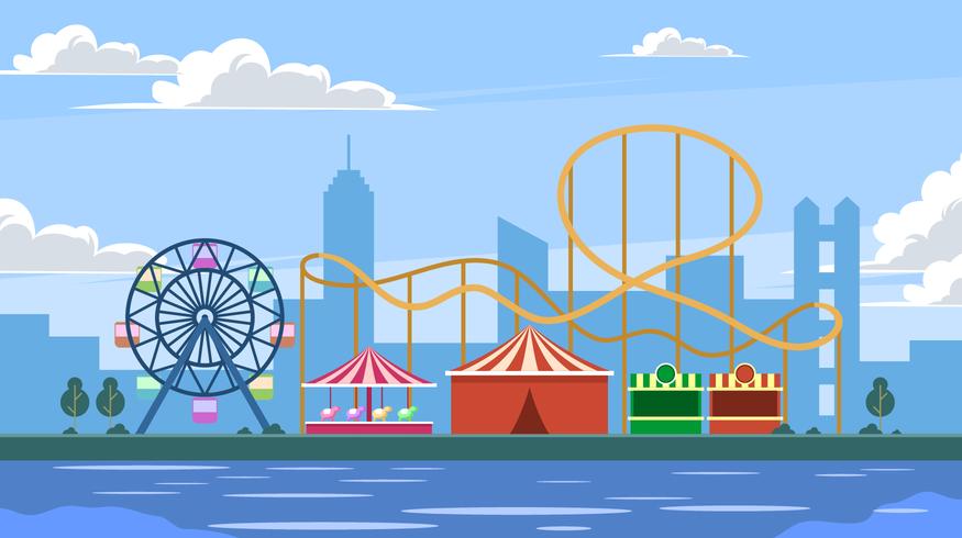 Parque de atracciones con montaña rusa en el vector de la ciudad