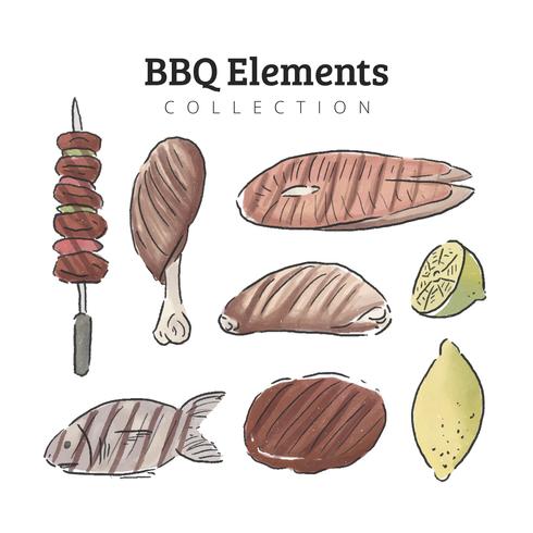 Colección de carne y comida de acuarela de barbacoa vector