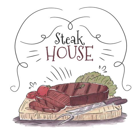 Watercolor BBQ Background With Steak Over Wood Table vector