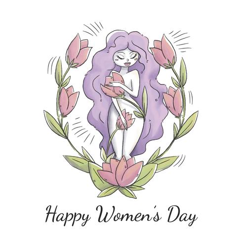 Cute Woman Character With Purple Long Hair Leaves And Flowers To Cute Woman Character With Purple Long Hair Leaves And Flowers To Women S Day