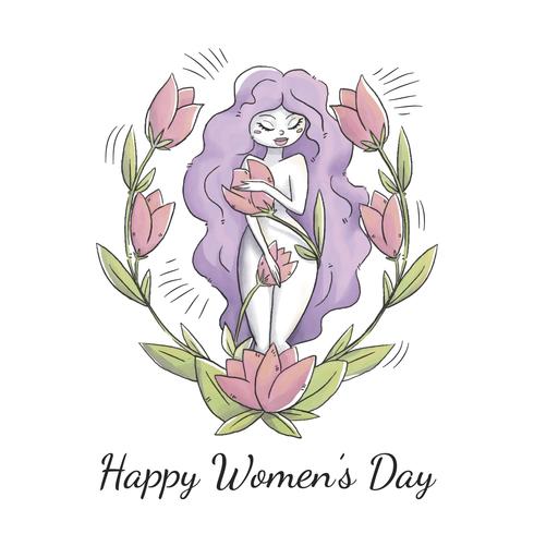 Cute Woman Character With Purple Long Hair, Leaves And Flowers To Women's Day vector