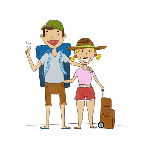 vector cute happy couple with travel clothes