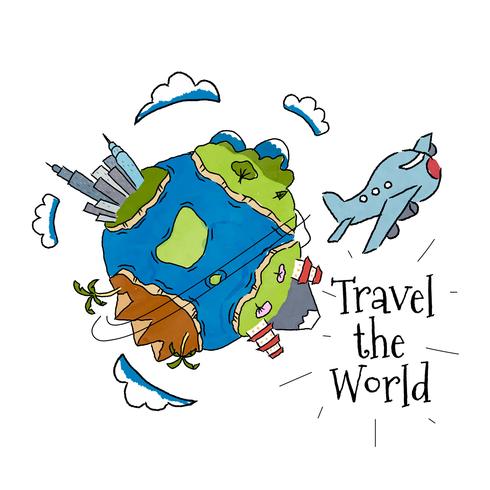 Watercolor World With Airplane To Travel The World vector