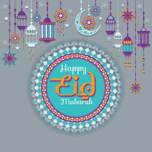 Illustration Happy Eid on Colorful Lantern, Mosque, Star and Moon Decorated Background for Muslim Community Festival Celebration vector