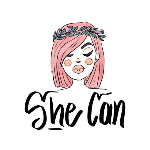 Lettering About Women's Day With Cute Woman With Pink Hair And Flower Crown vector